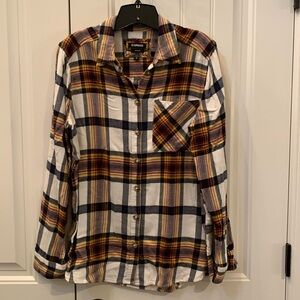 EXPRESS Cream black burgundy and yellow boyfriend flannel button down shirt M